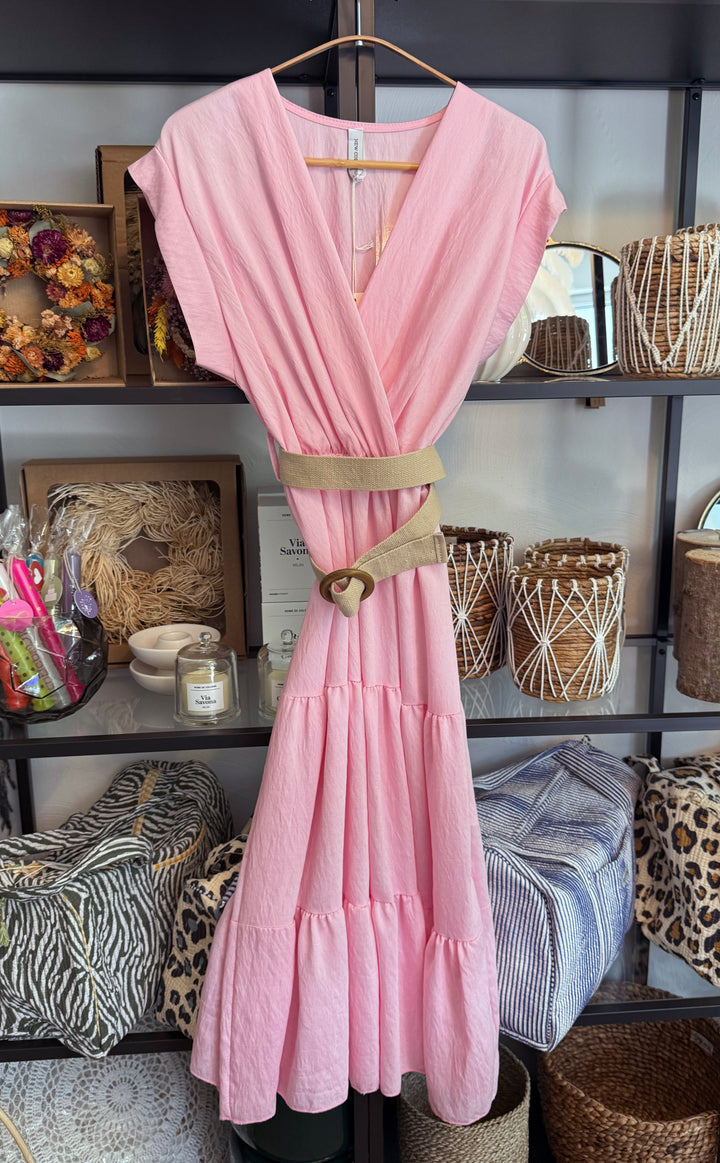 Midikleid mit Gürtel - Wickeloptik - rosa