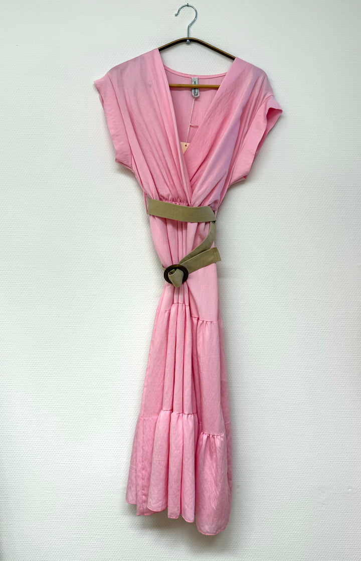 Midikleid mit Gürtel - Wickeloptik - rosa