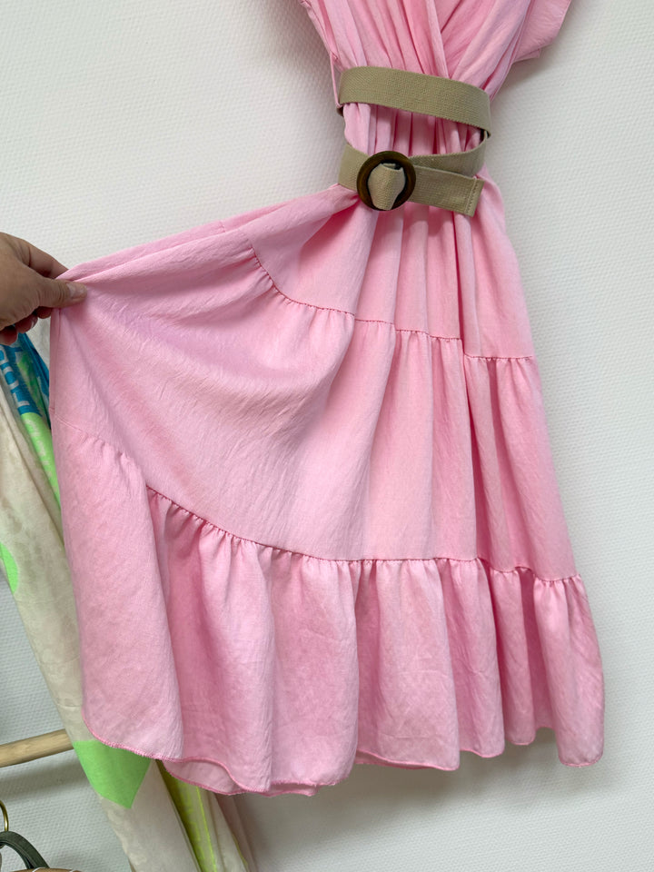 Midikleid mit Gürtel - Wickeloptik - rosa