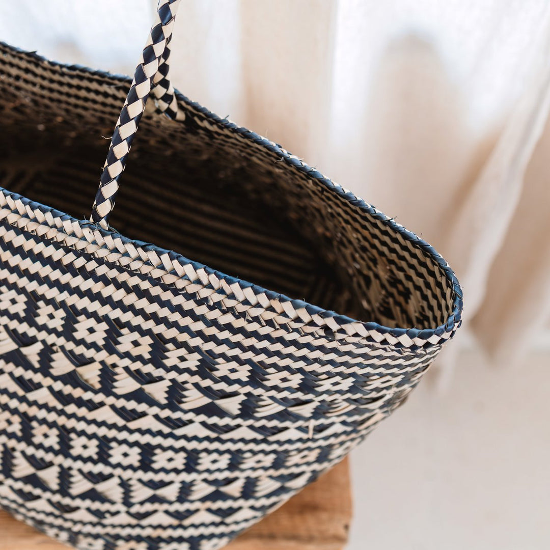 Einkaufstasche KIDUL (schwarz) – Boho Strandtasche – handgewebte Korbtasche
