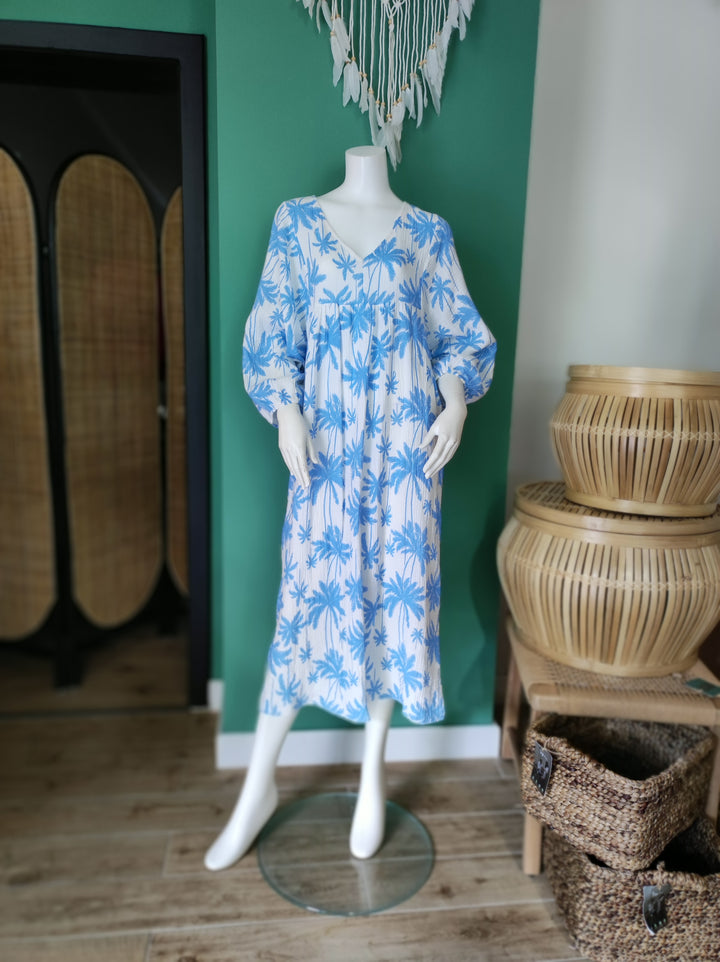 Boho-Maxikleid | Leicht & Luftig mit Palmenmuster /blau