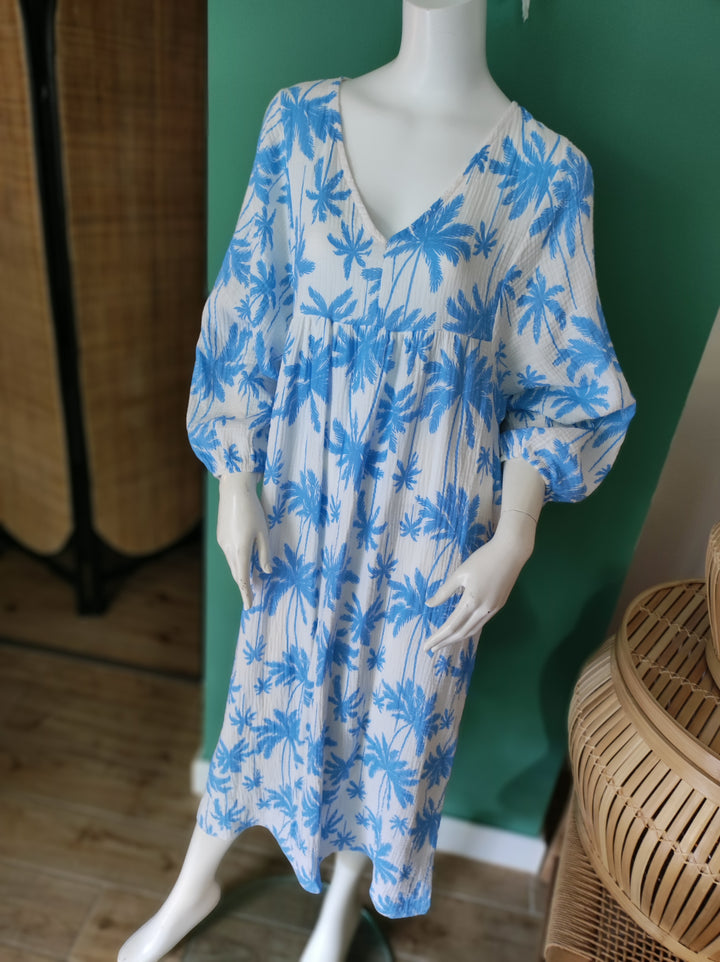 Boho-Maxikleid | Leicht & Luftig mit Palmenmuster /blau