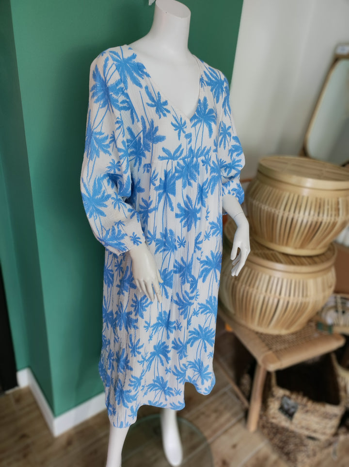 Boho-Maxikleid | Leicht & Luftig mit Palmenmuster /blau
