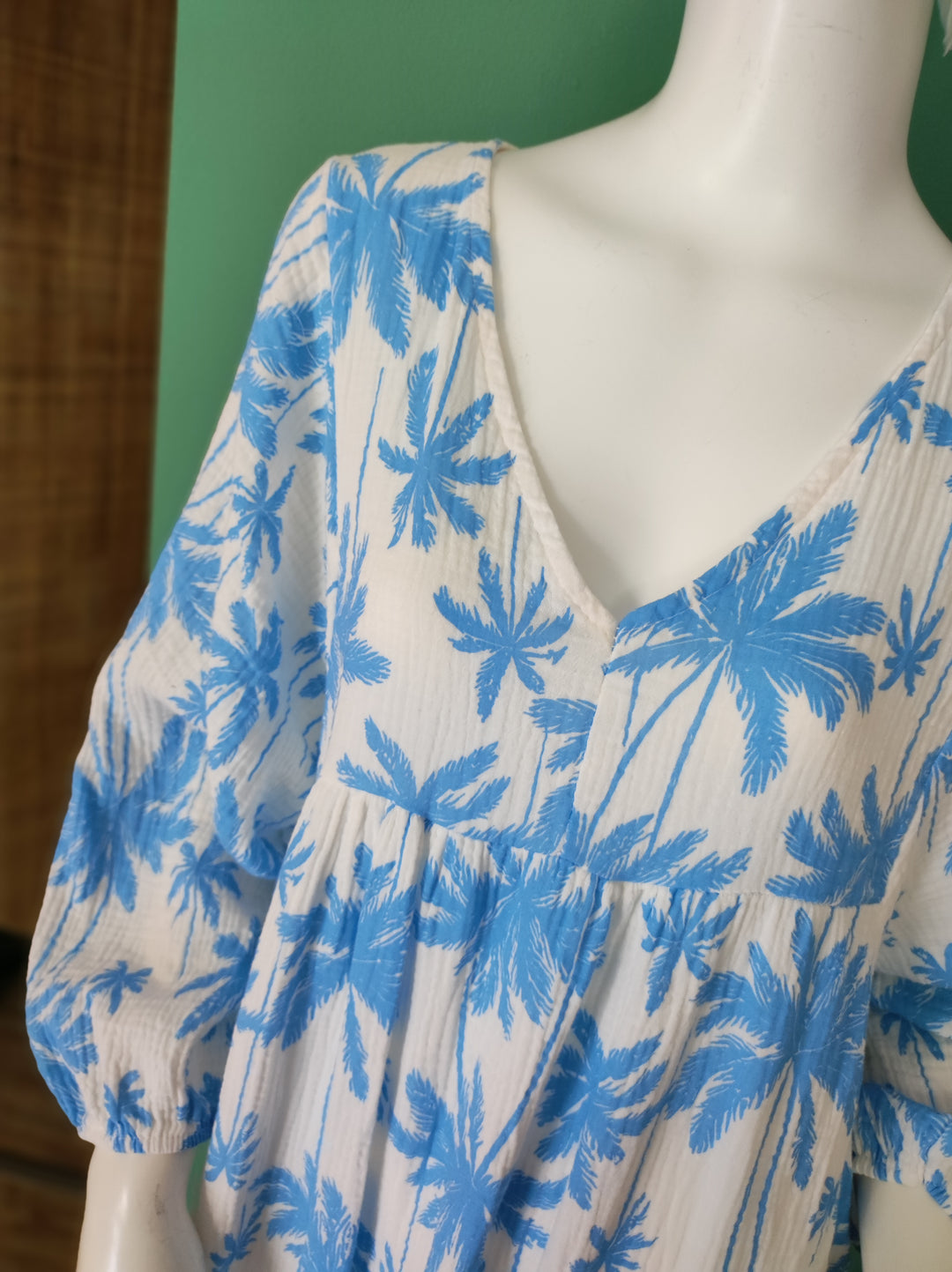 Boho-Maxikleid | Leicht & Luftig mit Palmenmuster /blau