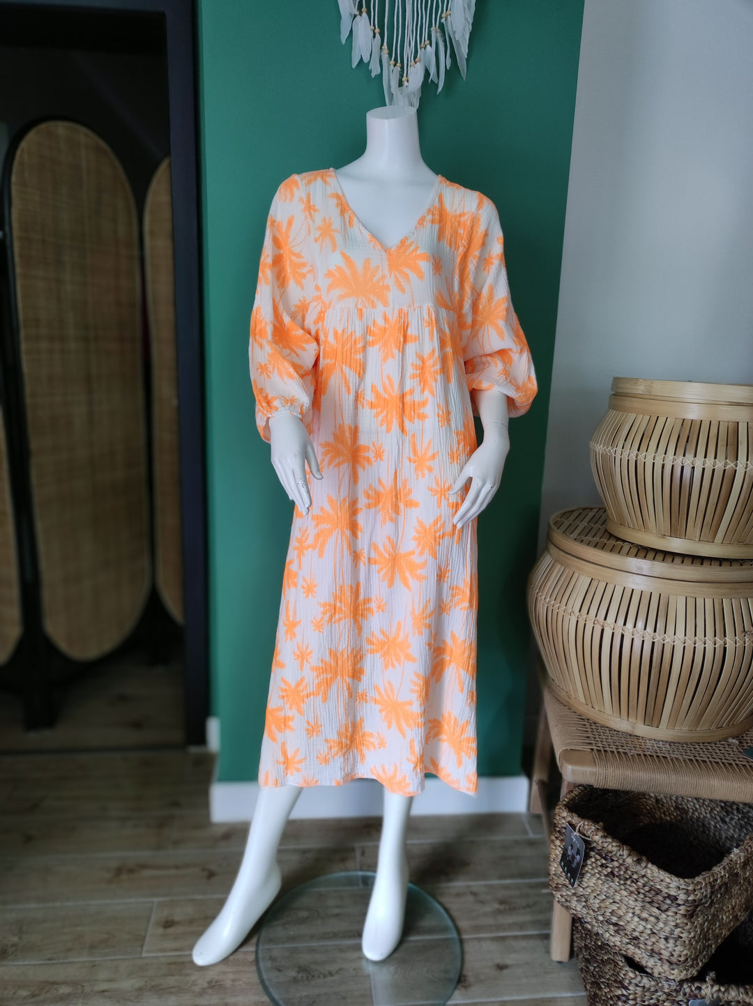 Boho-Maxikleid | Leicht & Luftig mit Palmenmuster / orange