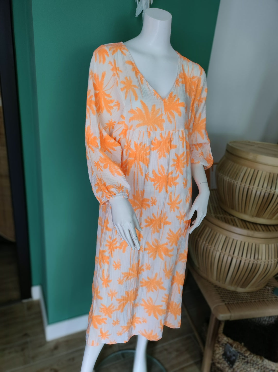 Boho-Maxikleid | Leicht & Luftig mit Palmenmuster / orange