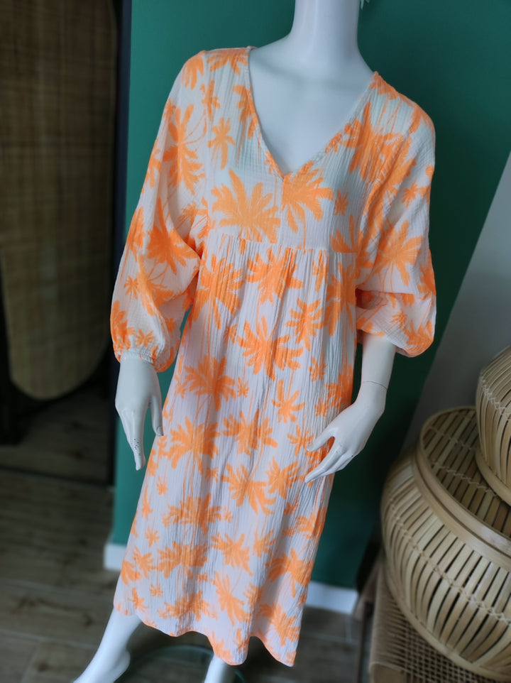 Boho-Maxikleid | Leicht & Luftig mit Palmenmuster / orange