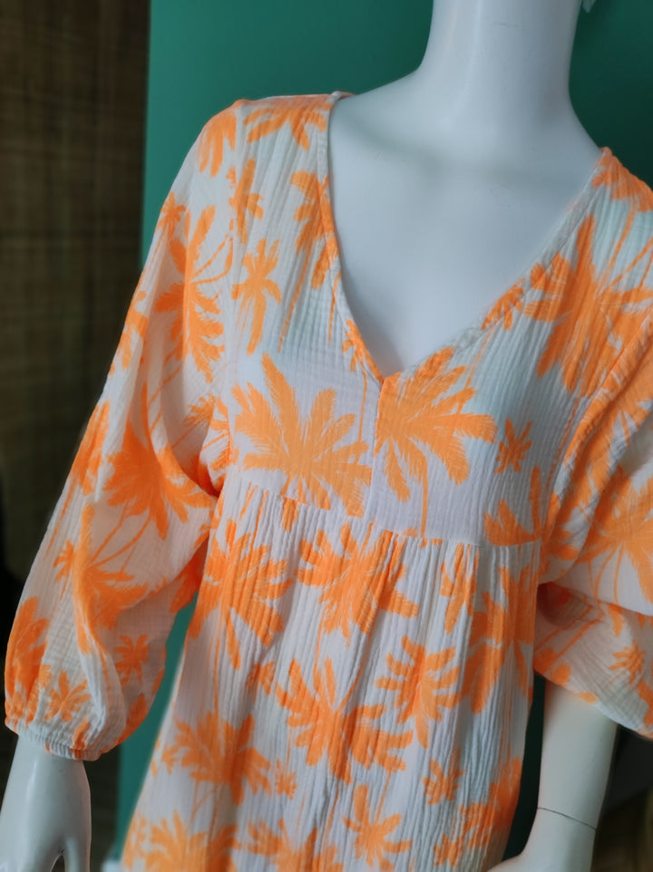 Boho-Maxikleid | Leicht & Luftig mit Palmenmuster / orange