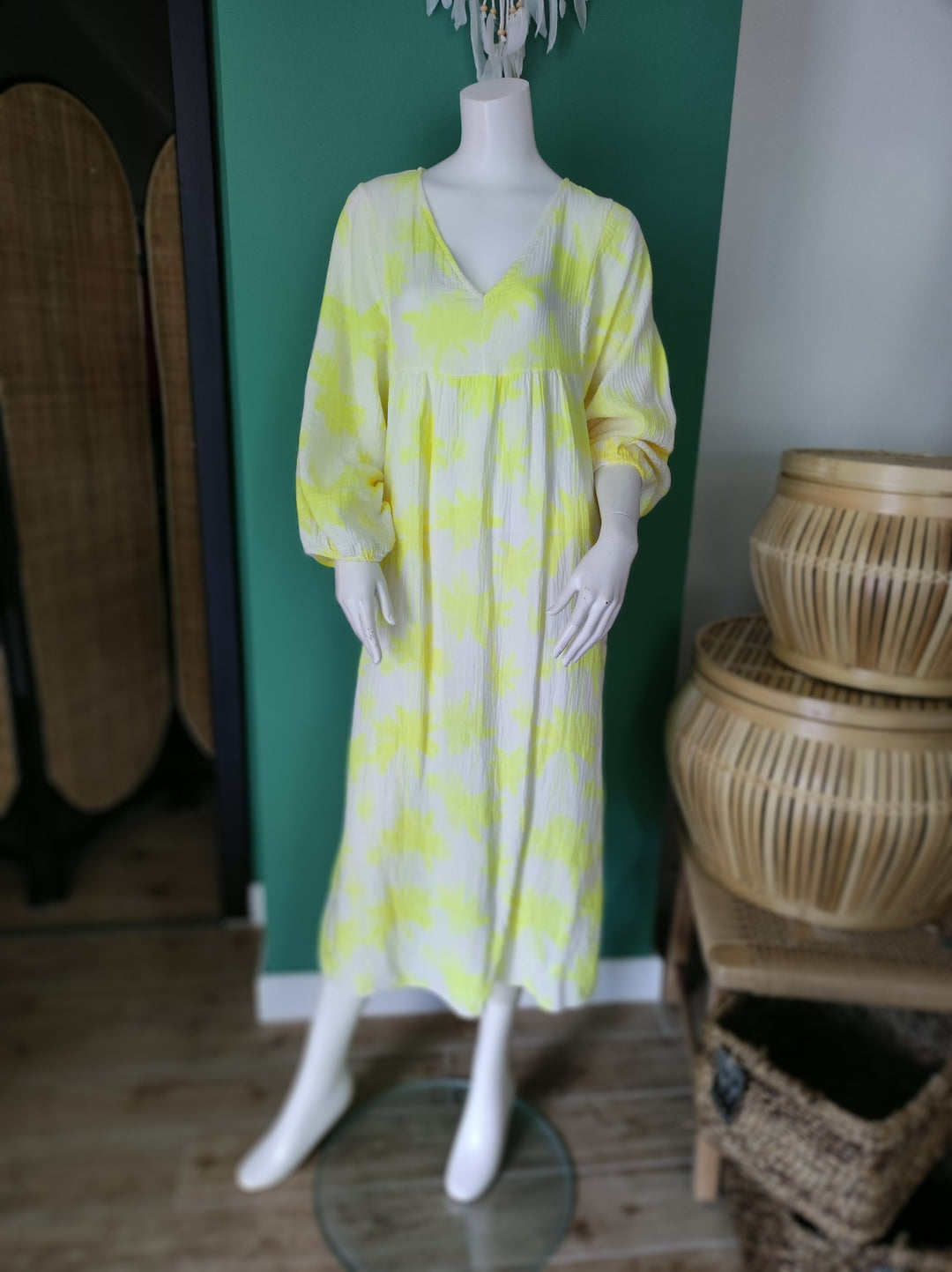 Boho-Maxikleid | Leicht & Luftig mit Palmenmuster / gelb