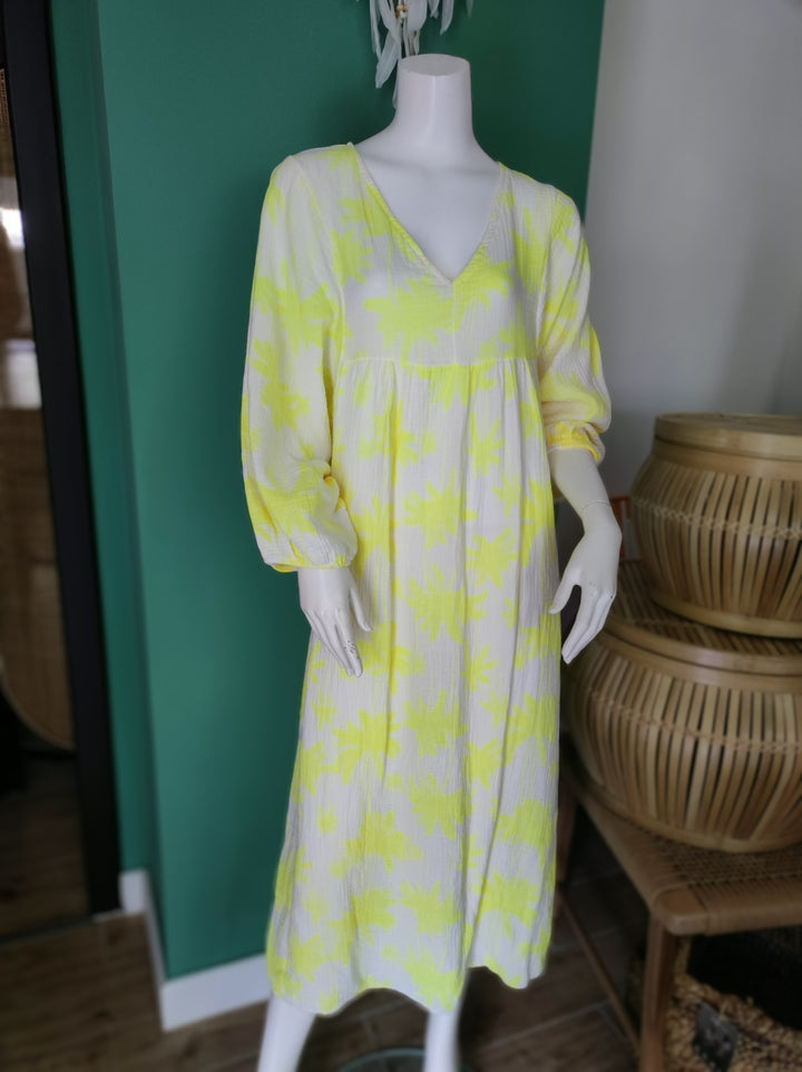 Boho-Maxikleid | Leicht & Luftig mit Palmenmuster / gelb