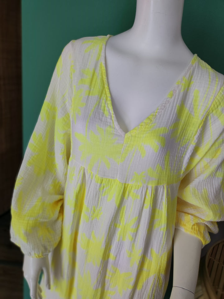 Boho-Maxikleid | Leicht & Luftig mit Palmenmuster / gelb