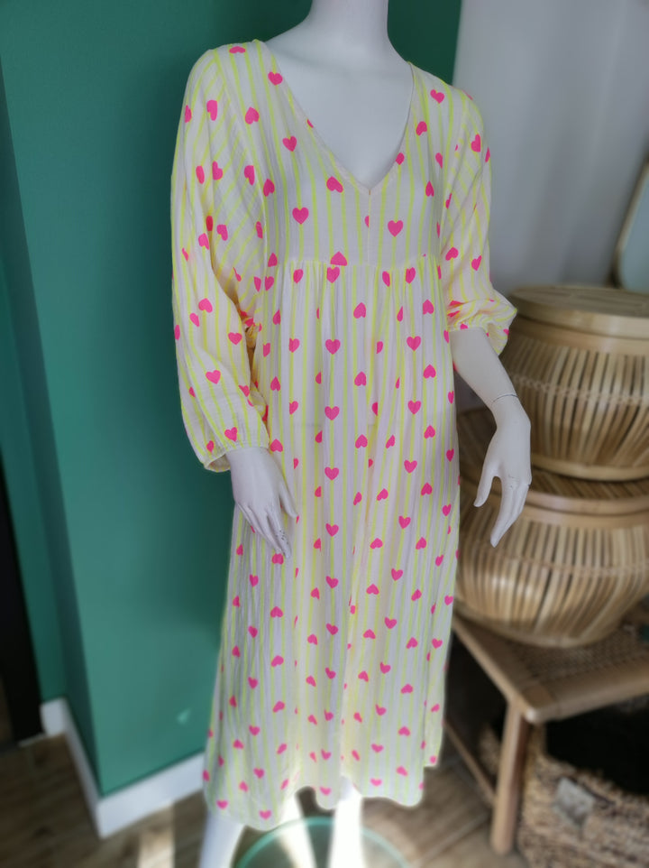 Boho-Maxikleid | Leicht & Luftig mit Streifen und Herzchen / gelb
