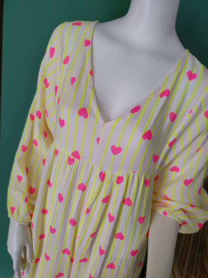 Boho-Maxikleid | Leicht & Luftig mit Streifen und Herzchen / gelb