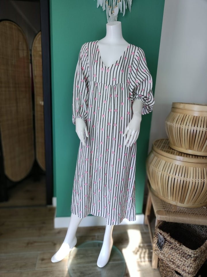 Boho-Maxikleid | Leicht & Luftig mit Streifen und Herzchen / schwarz