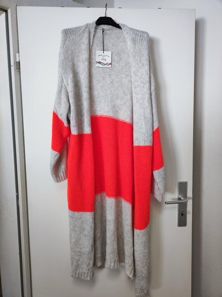 Cardigan / Strickjacke - hellgrau-beige neonorange