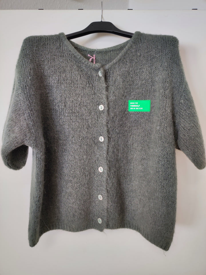 Cardigan / Strickjacke - kurzarm - oliv - Textfeld Neon