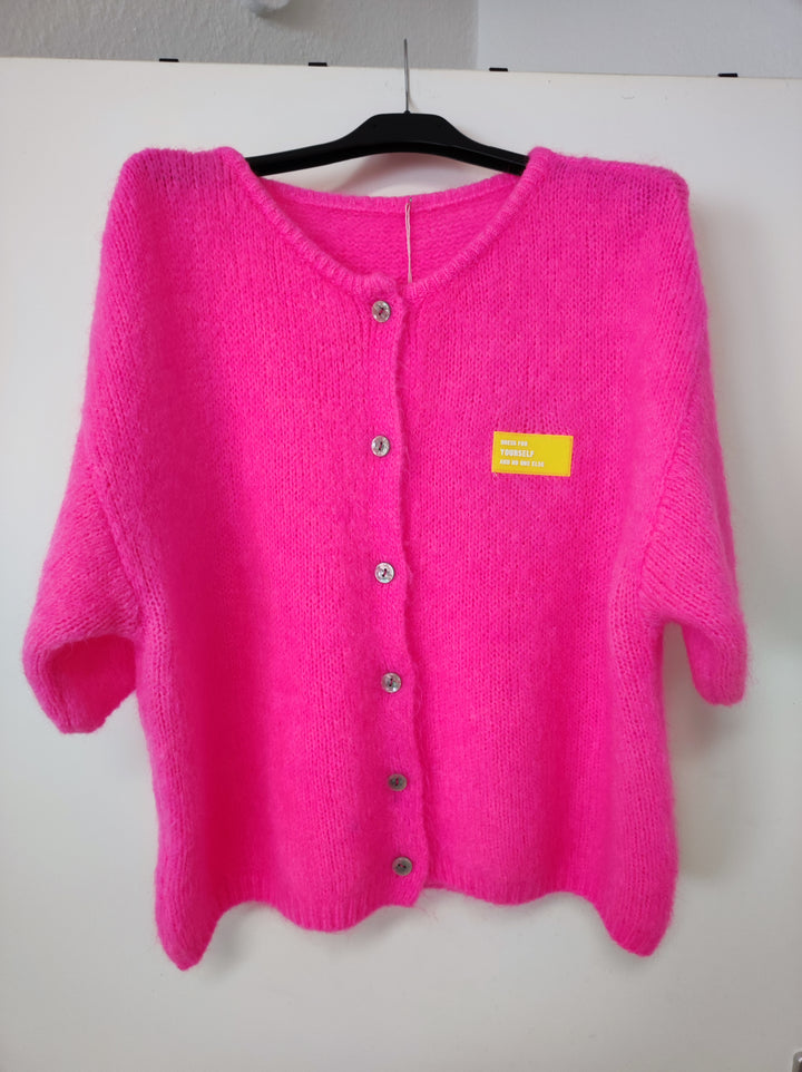 Cardigan / Strickjacke - kurzarm - neonpink - Textfeld Neon