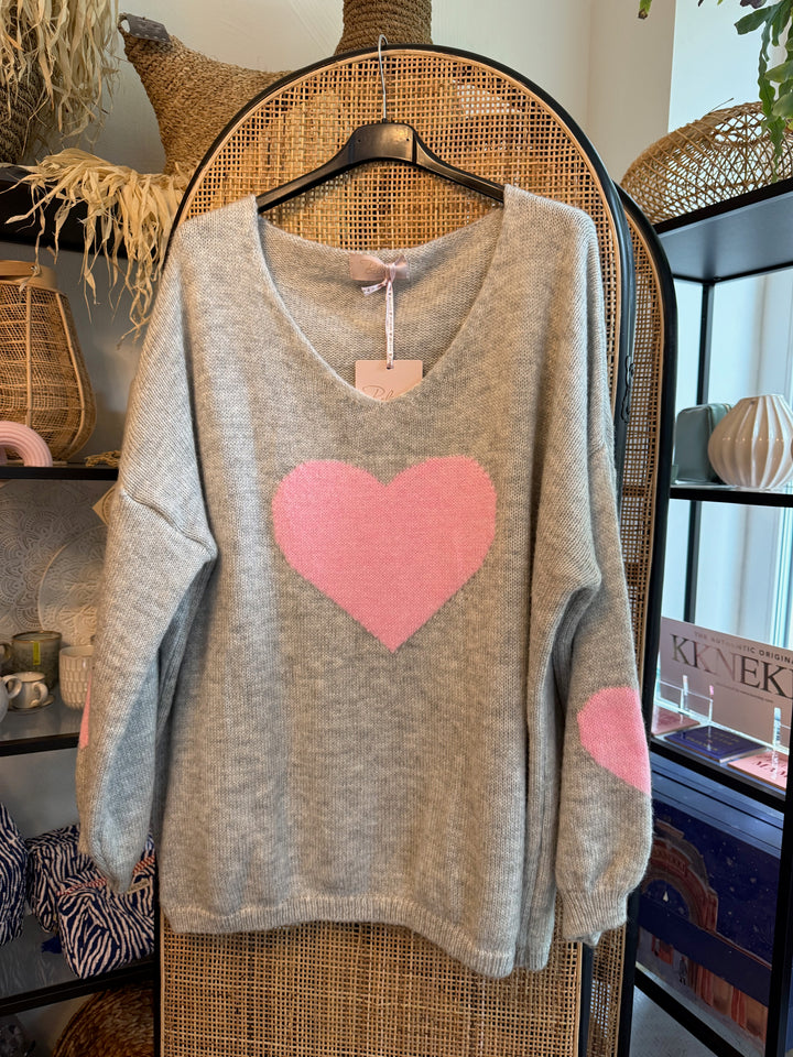 Strickpulli - grau - rosa Herzen