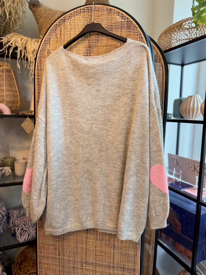 Strickpulli - grau - rosa Herzen