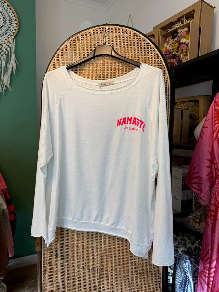 Shirt NAMSTE - weiß neonpink - langarm
