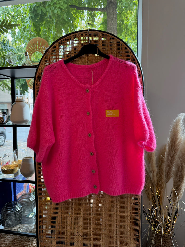 Cardigan / Strickjacke - kurzarm - neonpink - Textfeld Neon
