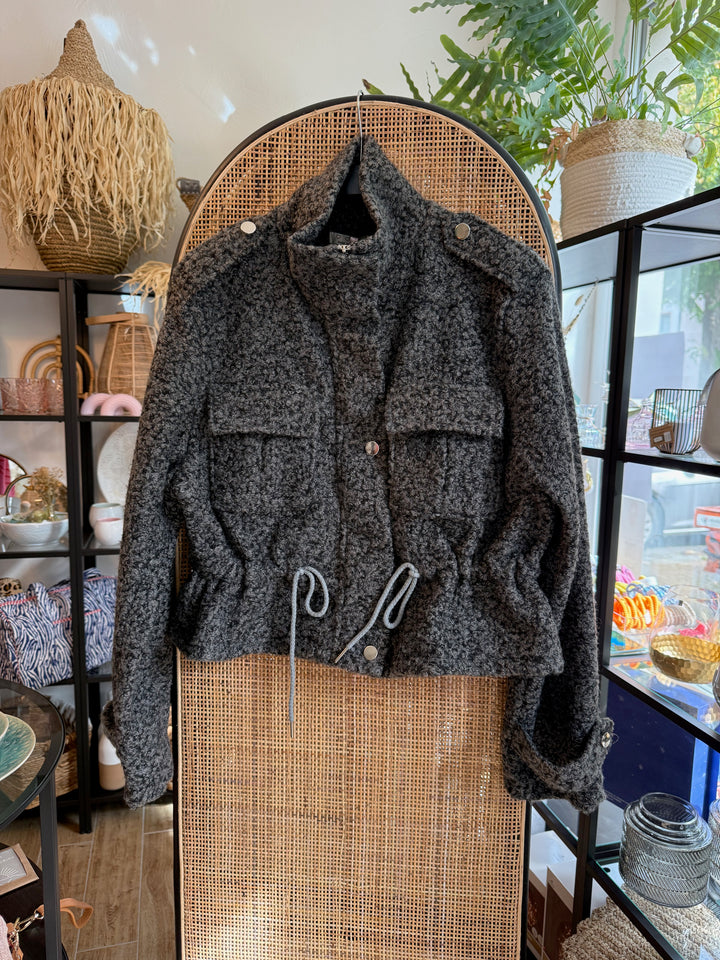 Jacke - Military-Style - Teddy - grau meliert