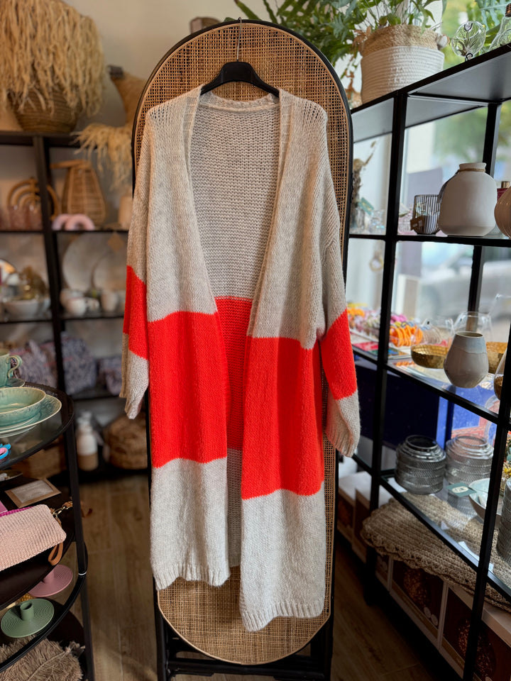 Cardigan / Strickjacke - hellgrau-beige neonorange