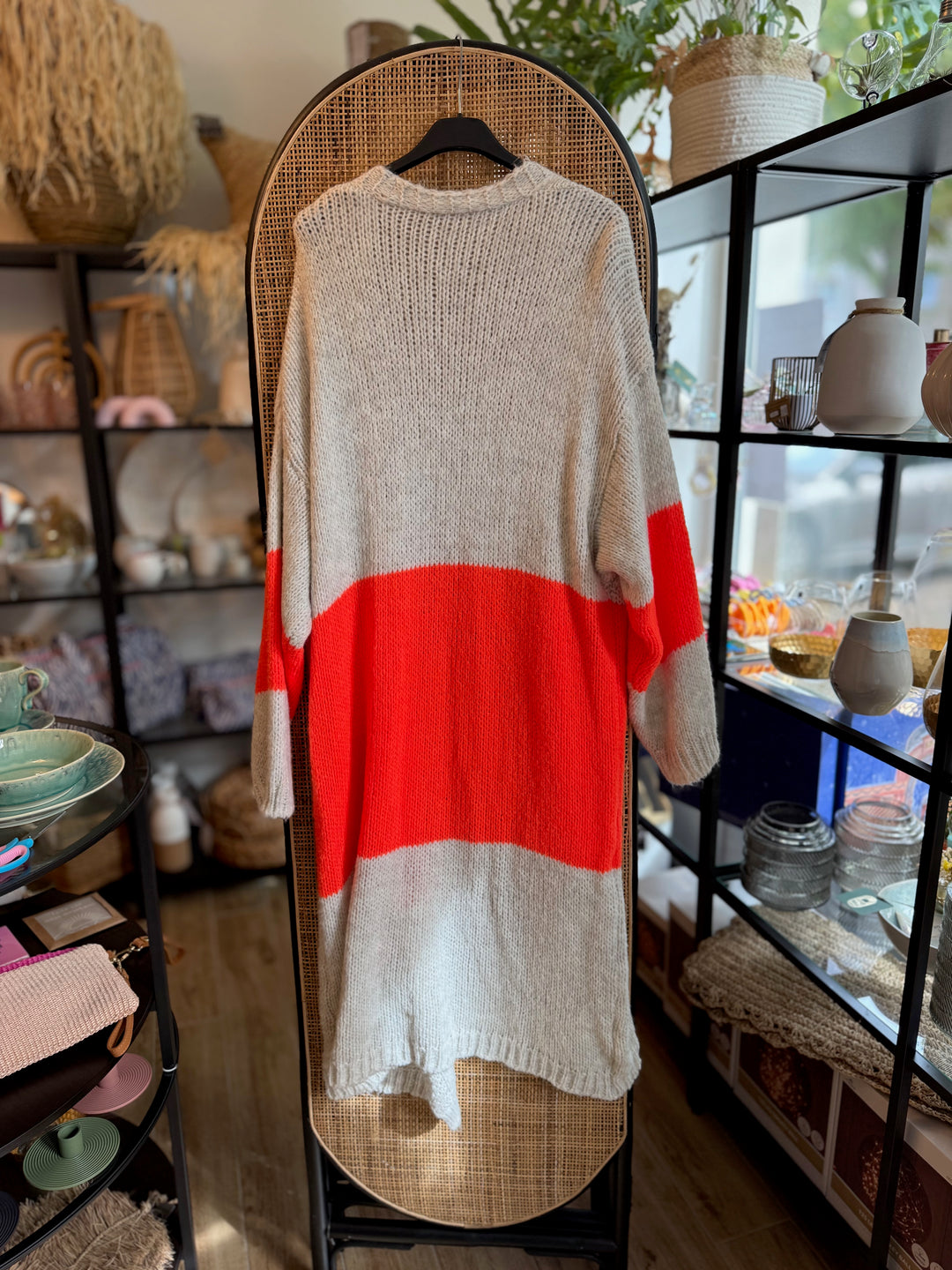 Cardigan / Strickjacke - hellgrau-beige neonorange