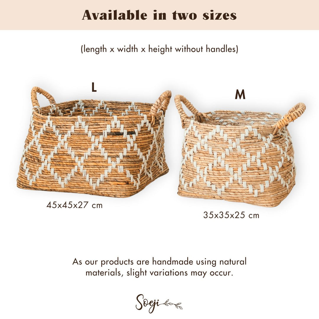 Boho Dekokorb GANDARIA mit Makramee Muster – Regalkorb – Aufbewahrungskorb – Quadratischer Wäschekorb