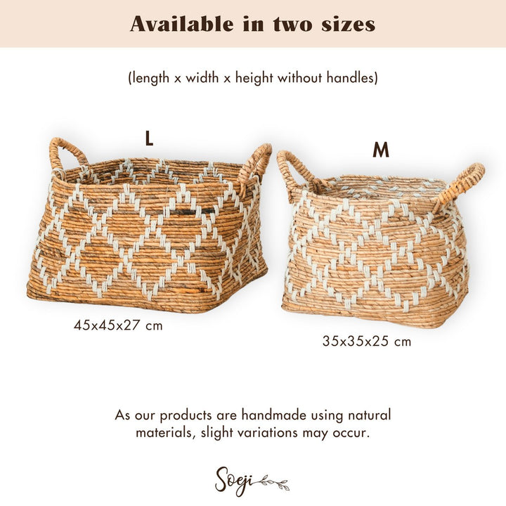 Boho Dekokorb GANDARIA mit Makramee Muster – Regalkorb – Aufbewahrungskorb – Quadratischer Wäschekorb