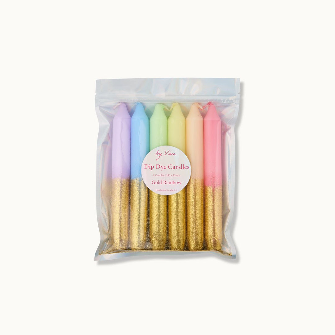 Dip Dye Kerzen 6er-Set GLITTER GOLD RAINBOW