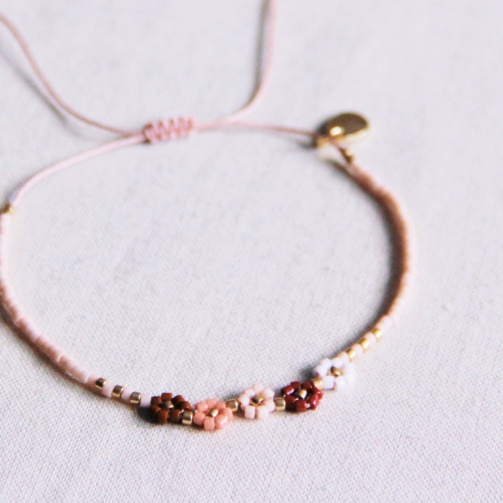 Armband - Miyuki-Perlen - 5 Mini-Blümchen - Nude/Rosa-Mix