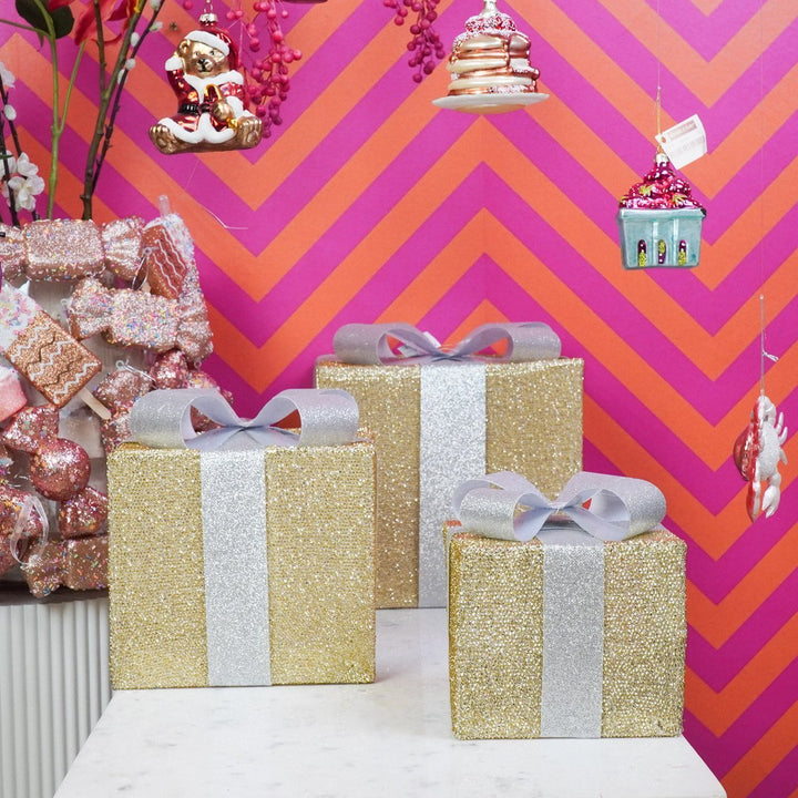 LED Weihnachtsdeko / Geschenkboxen – Gold/Silber – 3er-Set