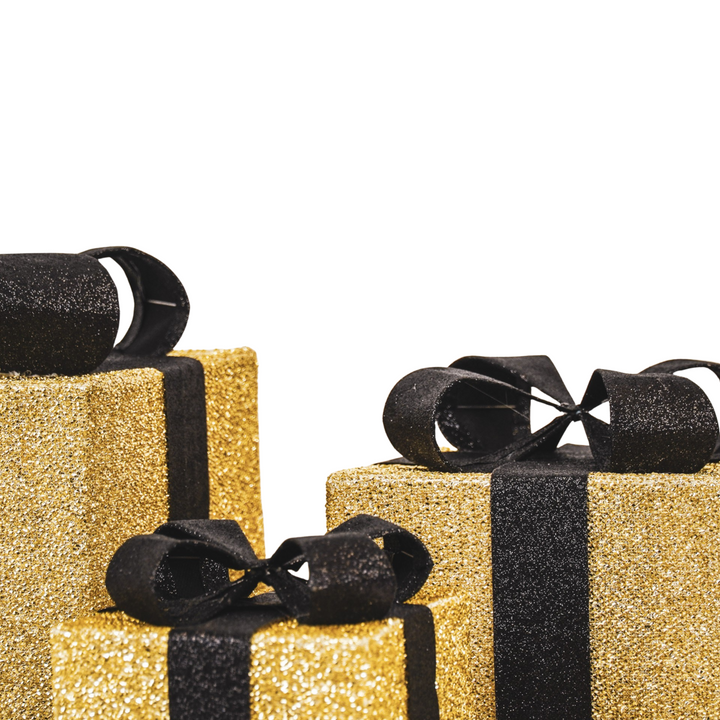LED Weihnachtsdeko / Geschenkboxen – Gold/Schwarz – 3er-Set