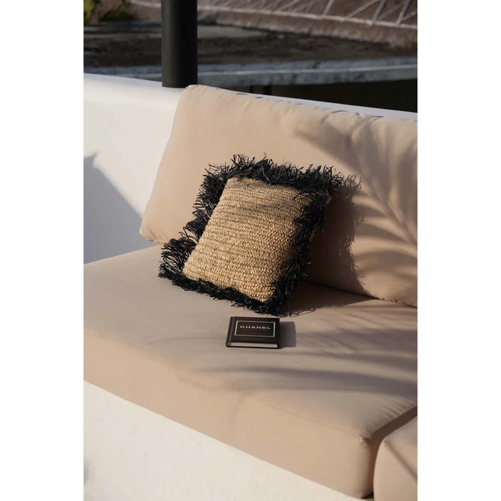 RAFFIA Kissenbezug - Natur Bast mit schwarzen Fransen 40x40