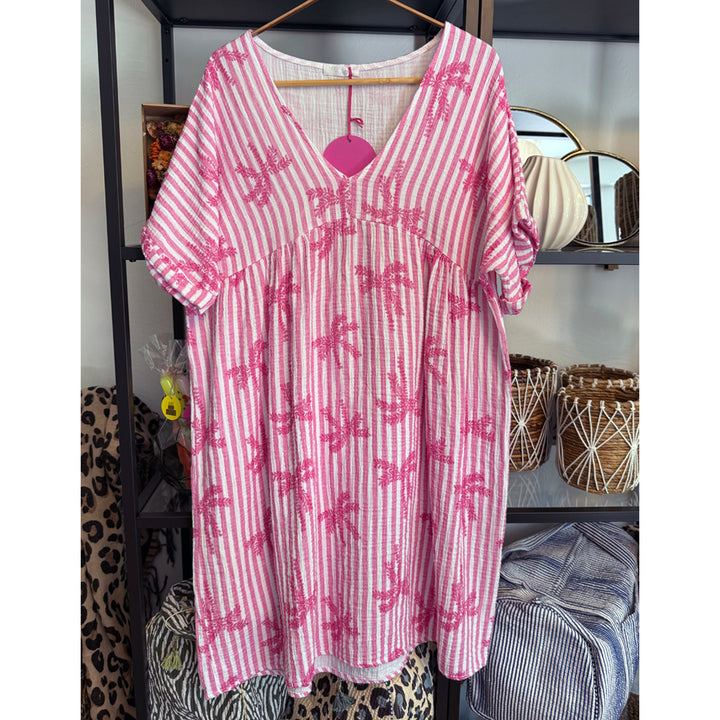 Musselin Tunika - Boho Strandkleid - gestreift mit Palmenprint