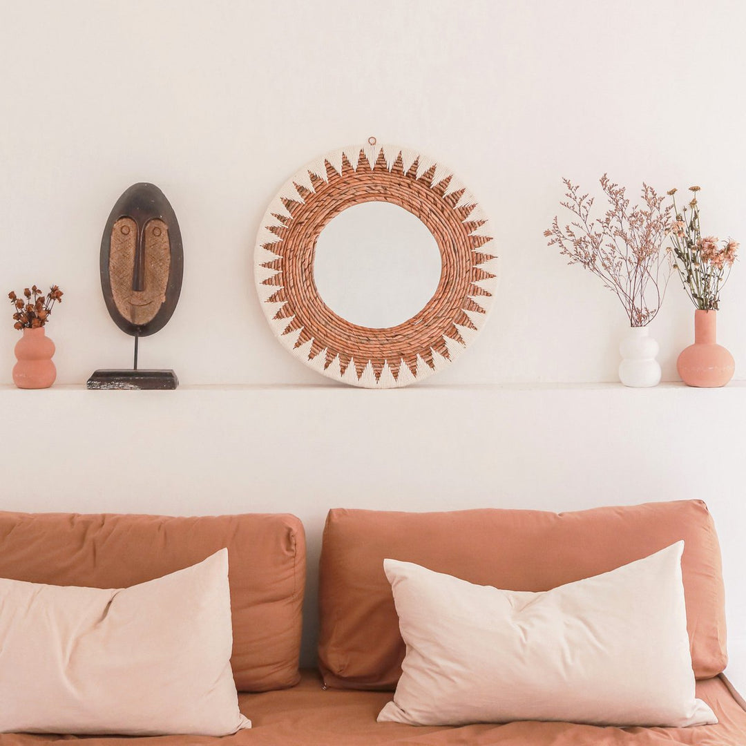 runder Wandspiegel AWAN - Boho Wanddekoration mit Muster aus Baumwollkordeln