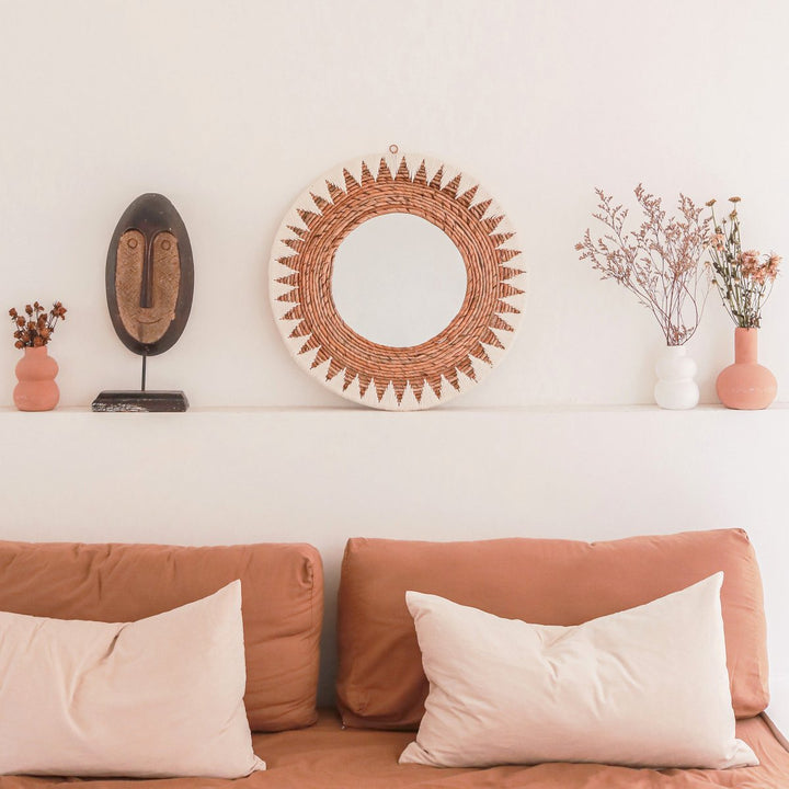 runder Wandspiegel AWAN - Boho Wanddekoration mit Muster aus Baumwollkordeln