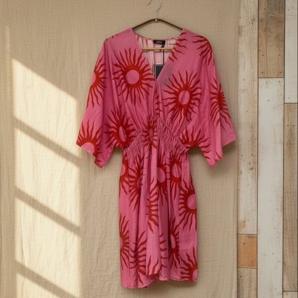 Tunika - Strandkleid - pink mit rotem Sonnenmuster