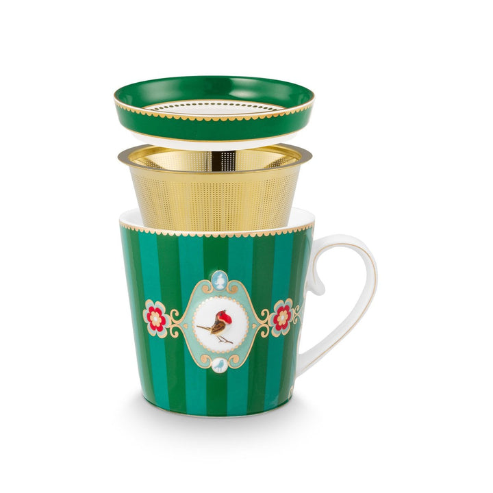 Tea for One LOVE BIRDS MEDALLION Stripes GREEN