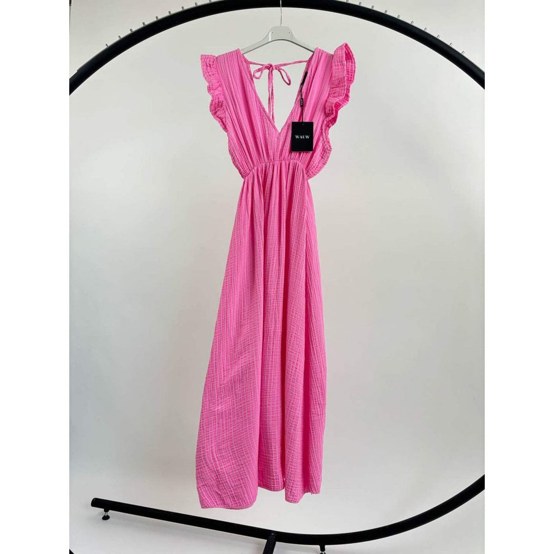 Maxikleid - tiefe V-Ausschnitte - Musselin rosa-pink gestreift