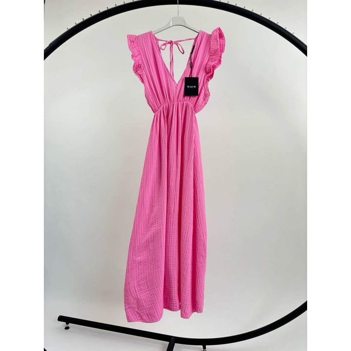 Maxikleid - tiefe V-Ausschnitte - Musselin rosa-pink gestreift