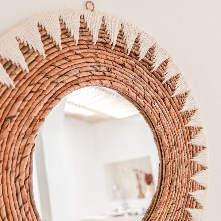 runder Wandspiegel AWAN - Boho Wanddekoration mit Muster aus Baumwollkordeln