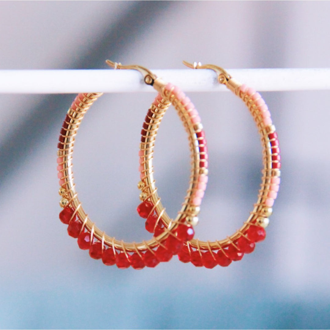 Ohrringe - facettierte Miyuki Perlen - Creole Rot/Rosa