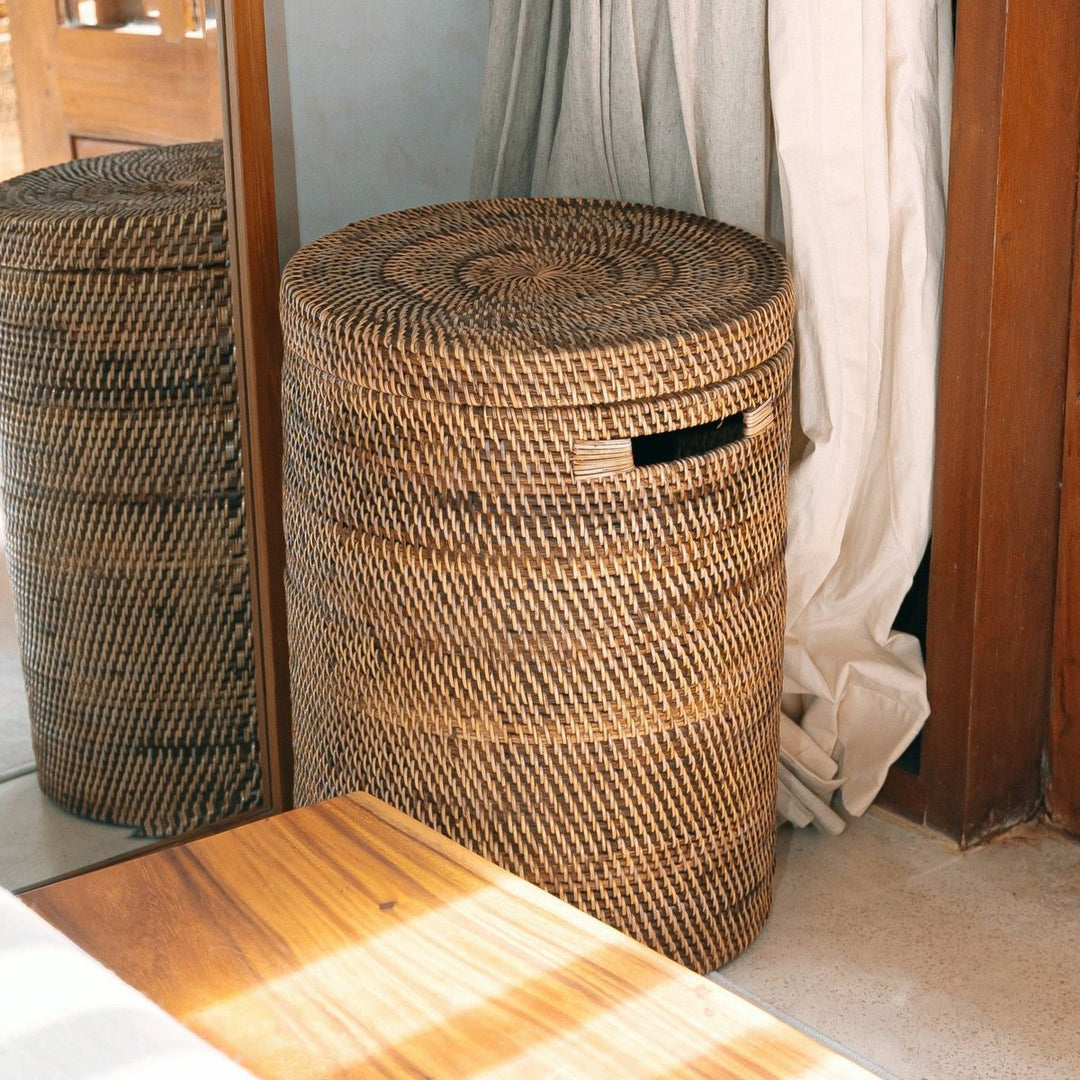 Boho Aufbewahrungskorb SARI - Handgefertigter Wäschekorb mit Deckel - braun