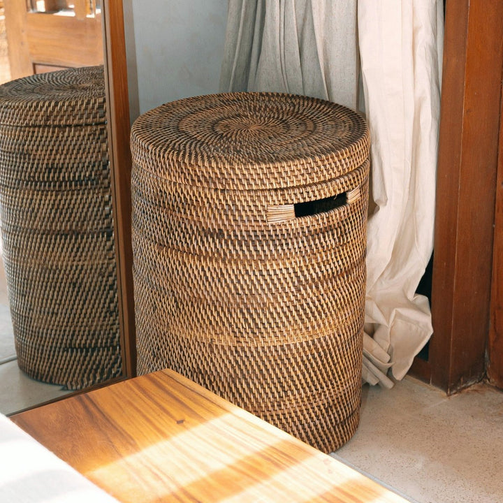 Boho Aufbewahrungskorb SARI - Handgefertigter Wäschekorb mit Deckel - braun
