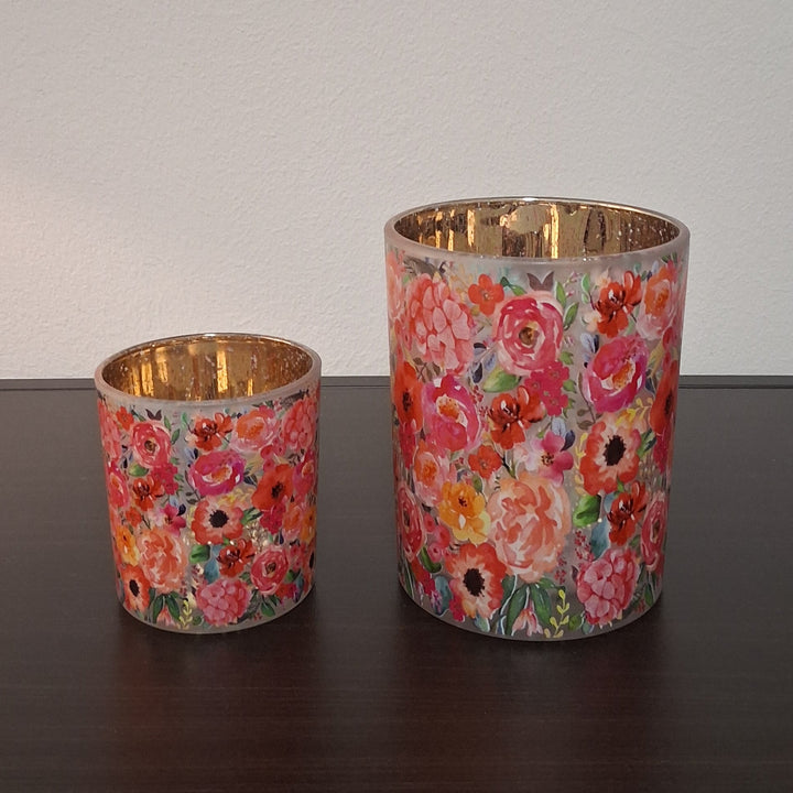 Teelichthalter - Windlicht - Kerzenhalter - Frühlingsdeko - Blumenmuster Mohnwiese - 2 Größen