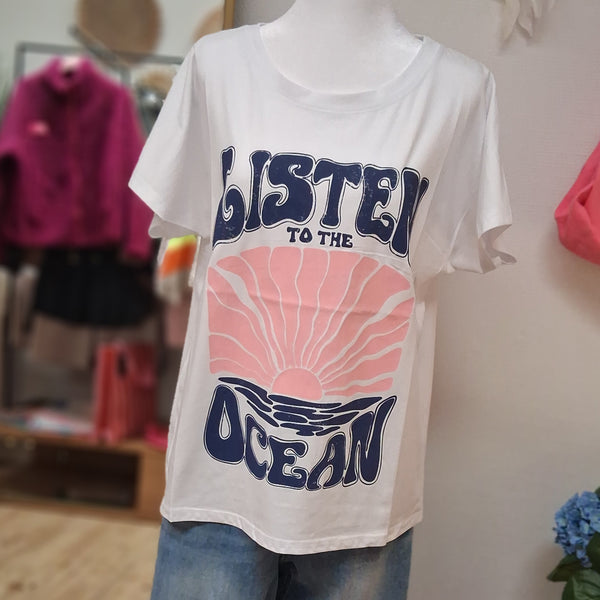 T-Shirt - weiß mit großem Frontprint LISTEN to the OCEAN