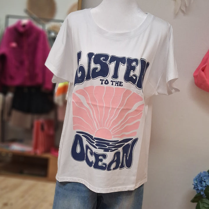 T-Shirt - weiß mit großem Frontprint LISTEN to the OCEAN