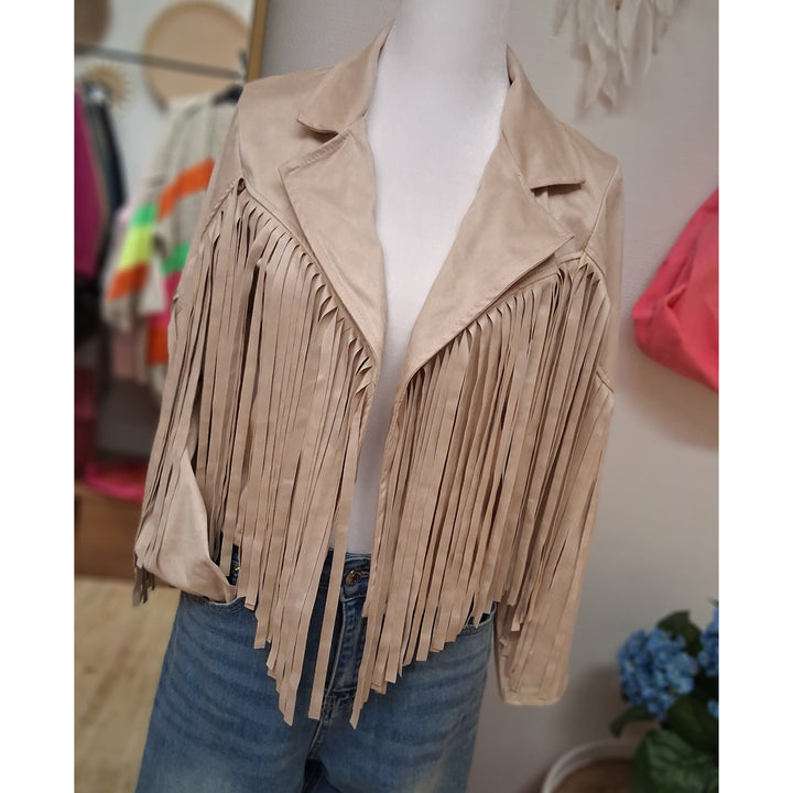 Bohojacke - kurze Jacke mit langen Fransen - Faux Wildleder - beige